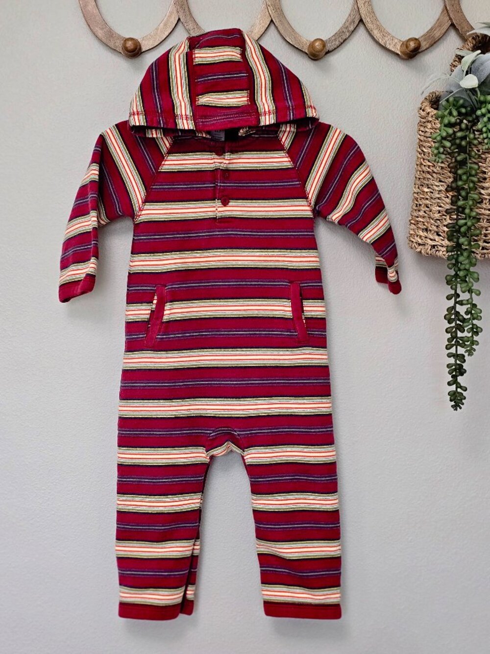 Vintage 2003 Baby GAP Hooded Romper 18-24M | Rainbow Stripe Winter Outfit